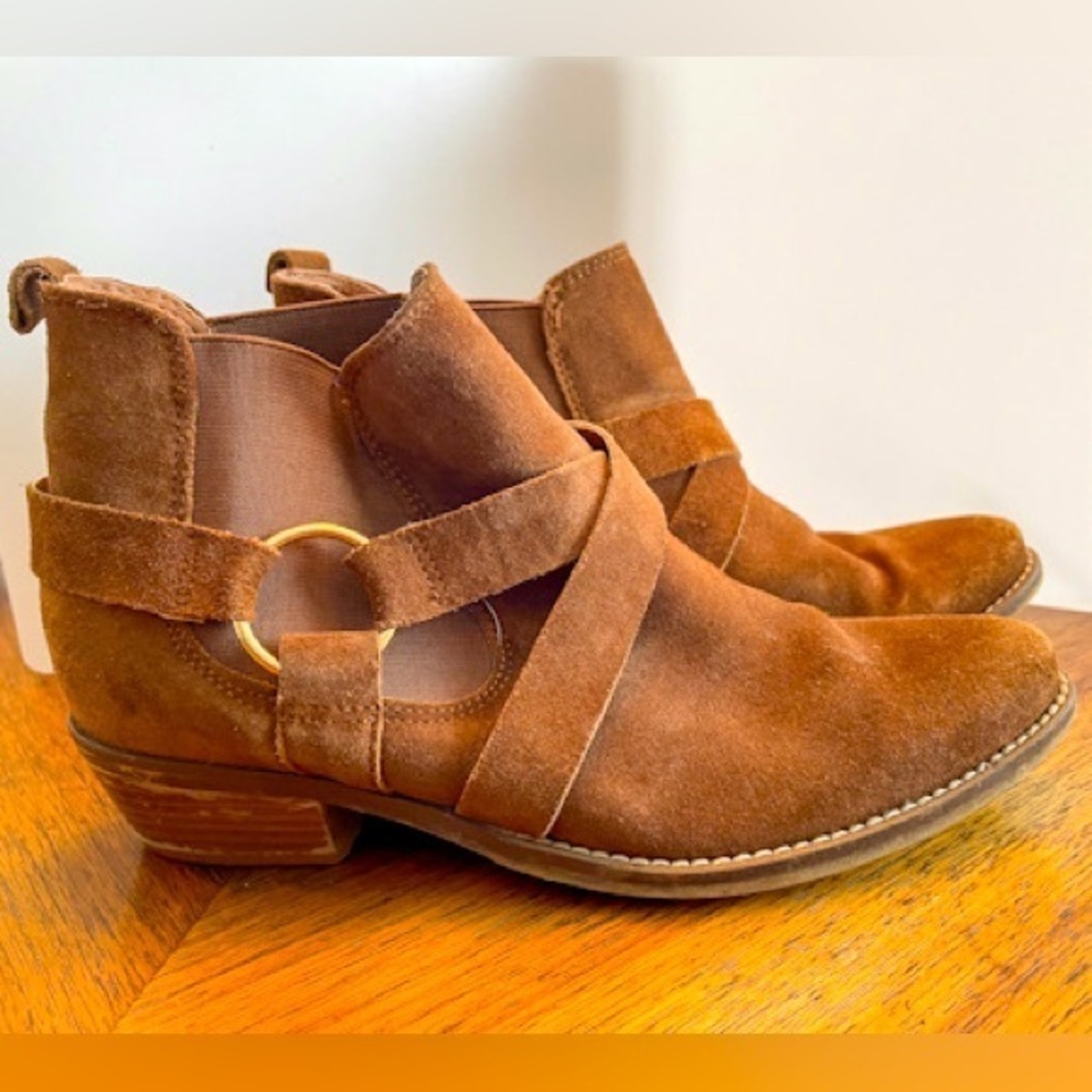 Crevo Western Style Suede Ankle Boots with Gold Accents, Stacked Heel 7.5